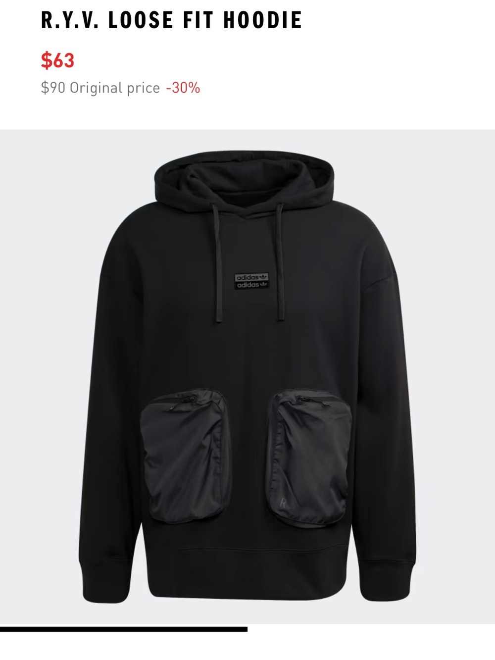 adidas Men's Black R.Y.V. Loose Fit Hoodie with Front Zip Pockets - Picture 3 of 3